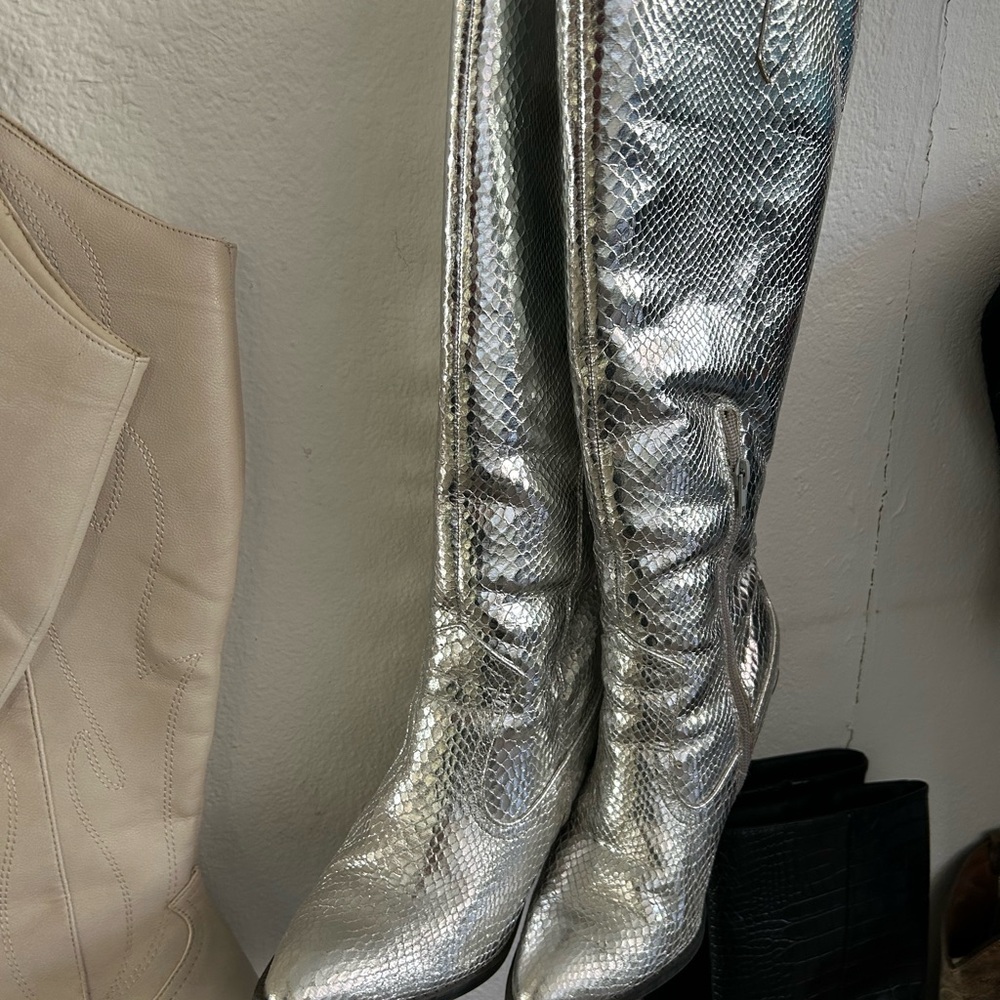 Silver Snakeskin Knee-High Boots